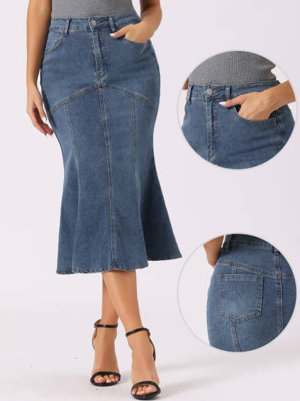 Allegra K- Washed Denim Fishtail Midi Bodycon Skirt