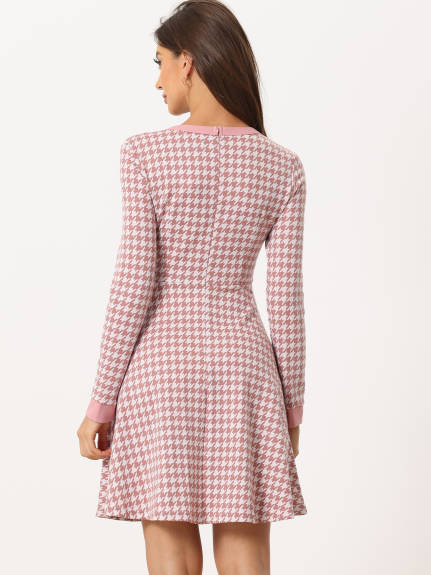 Allegra K- Houndstooth Plaid Contrast Color Crew Neck Button Front Dress