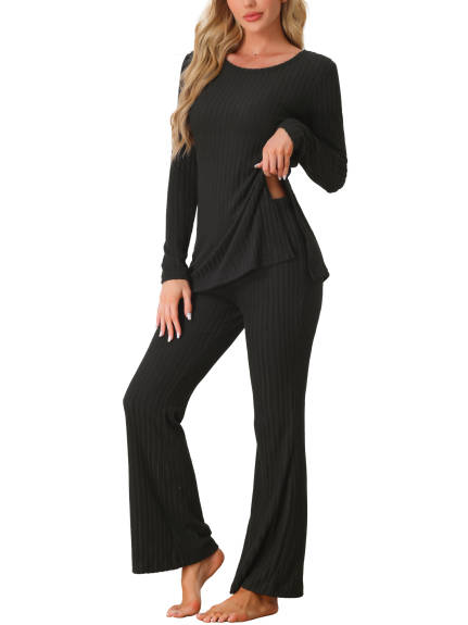 Cheibear - Ribbed Knit Long Sleeve Lounge Pajama Set