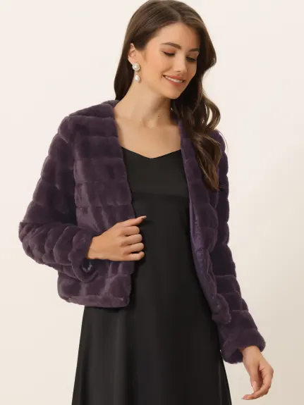 Allegra K- Cropped Collarless Faux Fur Fluffy Coat Jacket