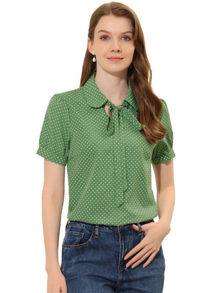 Allegra K- Retro Dots Short Sleeve Pan Collar Chiffon Blouse