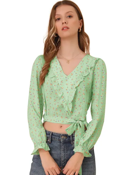 Allegra K - Bow Tie Long Sleeve Floral Ruffle Crop Top