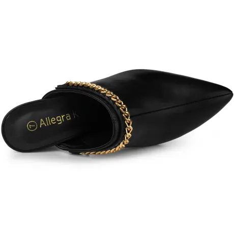 Allegra K - Pointed Toe Chain Decor Mule Heeled Slides