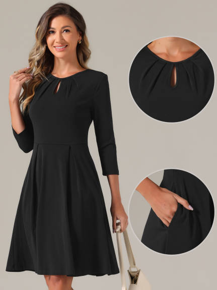 Allegra K- Pleated Crew Neck A-Line Dress