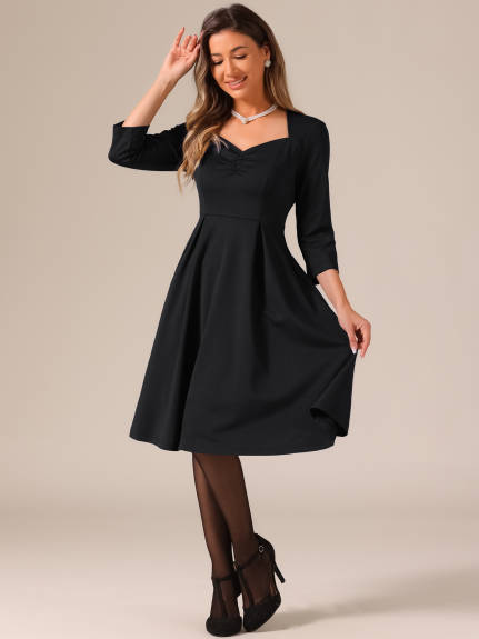 Allegra K- 3/4 Sleeve Sweetheart Neck Pleated Midi Dress