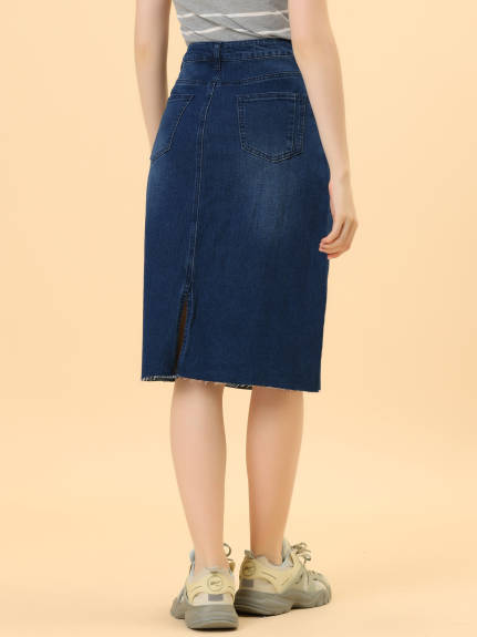 Allegra K- High Waist Back Slit Stretch Denim Skirt