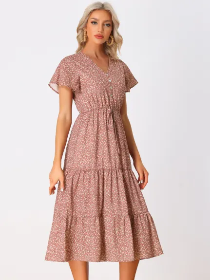 Allegra K- Short Sleeve Tiered Floral Midi Dress