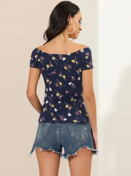 Allegra K- Short Sleeves Off The Shoulder Printed Crop Top