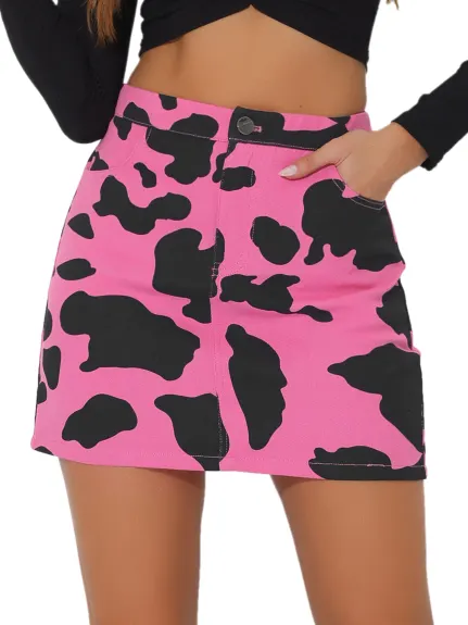 Allegra K- Mini-jupe taille haute à imprimé vache