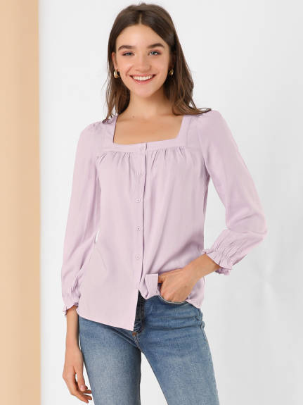 Allegra K - Tie Back Puff Sleeve Square Neck Button Blouse