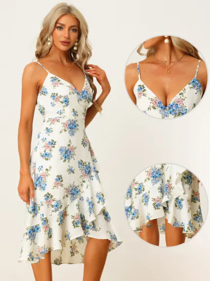 Allegra K- Robe florale à volants sans manches à col en V