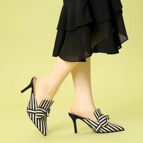 Allegra K - Slip-on Stripe Bow Stiletto Heel Slide Mule