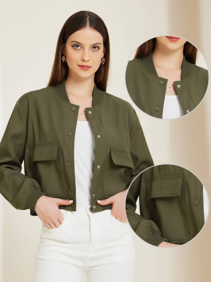 Allegra K - Button Down Stand Collar Bomber Jacket