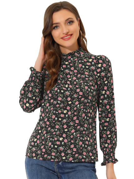 Allegra K- Mock Neck Smocked Long Sleeve Printed Blouse