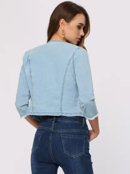 Allegra K- Veste courte en jean manches 3/4 effilochée