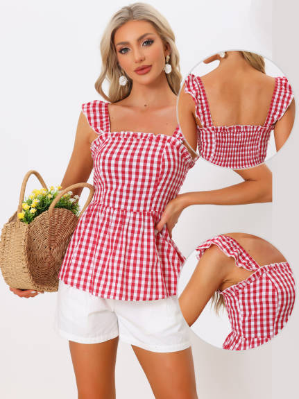 Allegra K- Gingham Peplum Square Neck Blouse