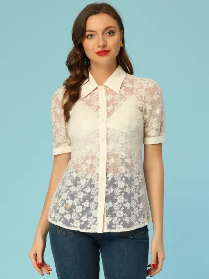 Allegra K- Blouse boutonnée en dentelle florale