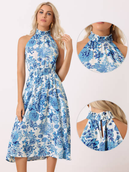 Allegra K- Halter Neck Sleeveless Floral Midi Dress