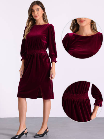 Allegra K - Velvet Boat Neck Puff Sleeve Midi Dress