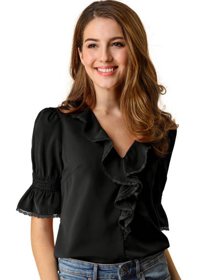 Allegra K- Ruffled V Neck Puff Elbow Sleeve Chiffon Blouse