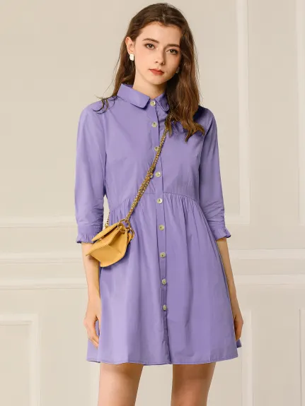 Allegra K- 3/4 Sleeve Button Up Flare Shirt Dress