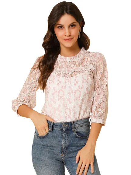 Allegra K- 3/4 Sleeves Ruffle Mock Neck Sheer Lace Top