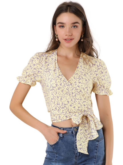 Allegra K - V Neck Bubble Sleeve Wrap Floral Tie Cross Crop Top