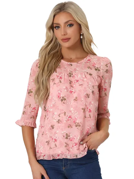 Allegra K- Floral Ruffled 3/4 Sleeve Chiffon Blouse