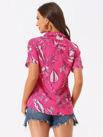 Allegra K- Beach Tropical Floral Leaves Button Down Shirt