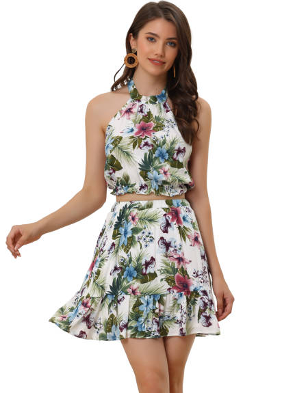 Allegra K- 2 Piece Print Halter Neck Crop Top with Short Skirt Set