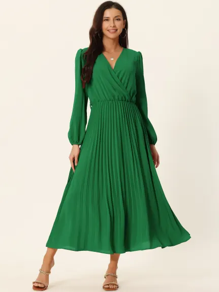 Allegra K- Pleated Puff Long Sleeve V Neck Belt Waist Midi Dress