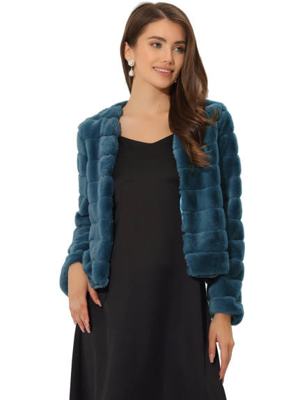 Allegra K- Cropped Collarless Faux Fur Fluffy Coat Jacket