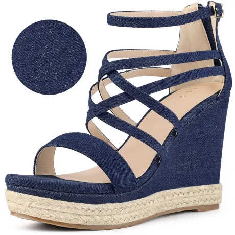 Allegra K - Platform Strappy Denim Wedge Sandals