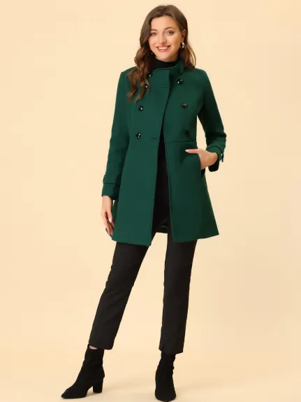 Allegra K- Stand Collar Long Sleeves Double Breasted Coat