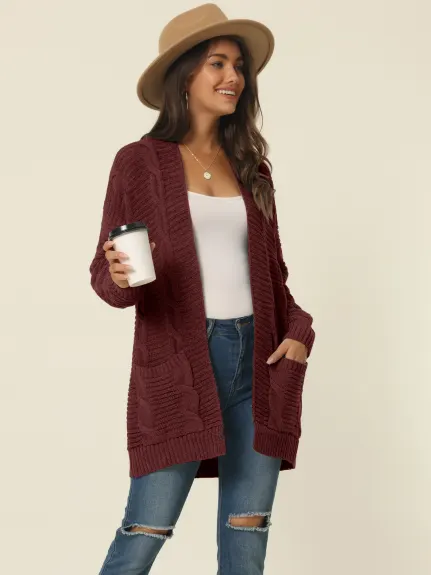 Allegra K- Cardigan pull ouvert sur le devant en tricot torsadé avec poches