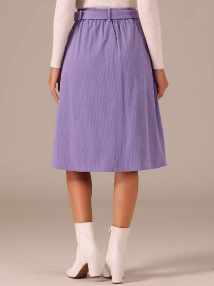 Allegra K - Button Front A-Line Belted Corduroy Skirt