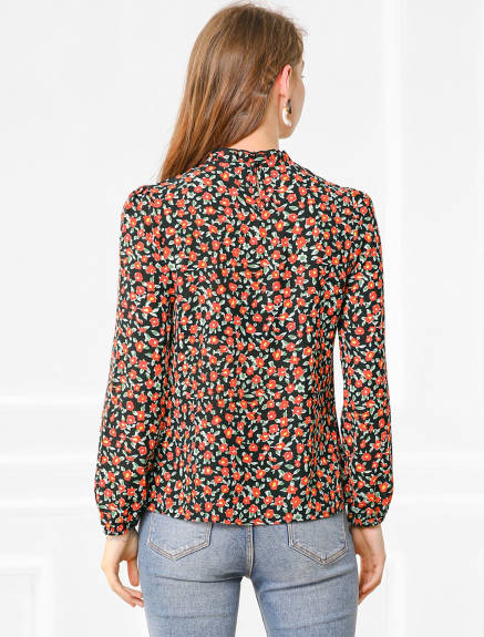 Allegra K- Stand Collared Long Sleeve Floral Top