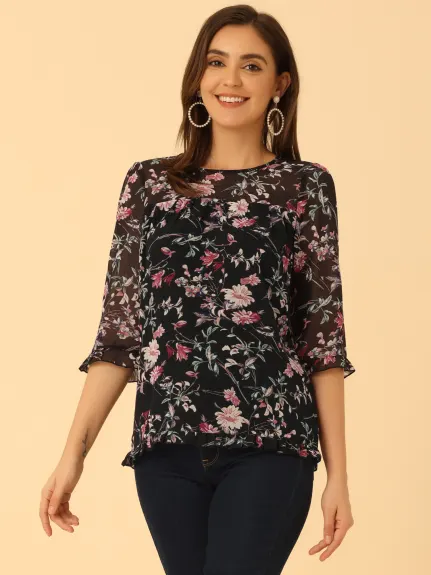 Allegra K- Blouse florale en mousseline à manches 3/4 et à volants