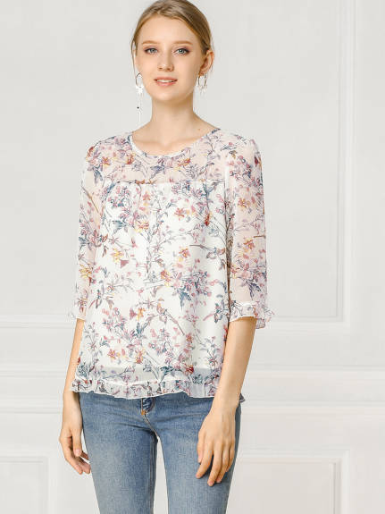 Allegra K- Floral Ruffled 3/4 Sleeve Blouse