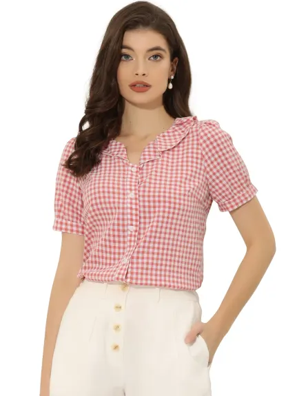 Allegra K- Ruffle Collar Short Sleeve Plaid Shirt