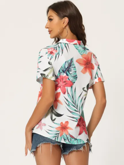 Allegra K - Chemise boutonnée à feuilles florales tropicales de plage