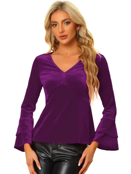 Allegra K- V Neck Flare Long Sleeve Velvet Blouse