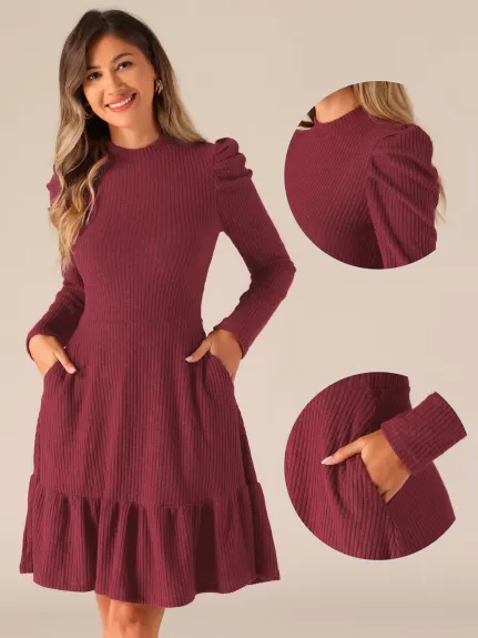 Allegra K - Crew Collar Stretchy Puff Long Sleeve Knit Dress