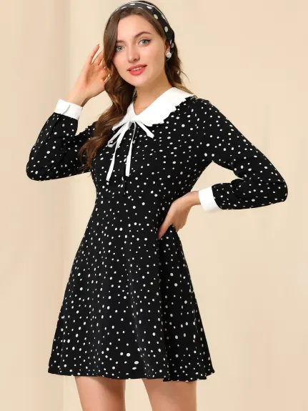 Allegra K- Polka Dots Peter Pan Collar Contrast Sleeve Shirt Dress