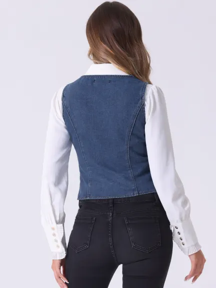 Allegra K - Veste gilet en denim lavé boutonnée à col en V