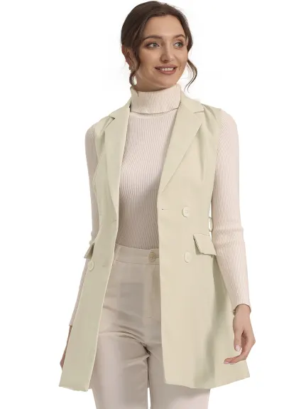 Allegra K- Revers Col Trench Gilet Double Poitrine Sans Manches Long Blazer