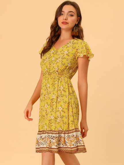 Allegra K- Floral Flutter Sleeve Smocked Waist V Neck Flowy Bohemian Dress