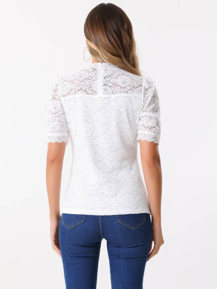 INSPIRE CHIC - Floral Lace Mock Neck Puff Sleeve Blouse