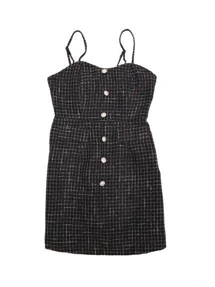 Allegra K- Plaid Button Spaghetti Strap Tweed Dress