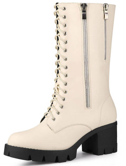 Allegra K - Lace Up Chunky Mid Calf Combat Boots